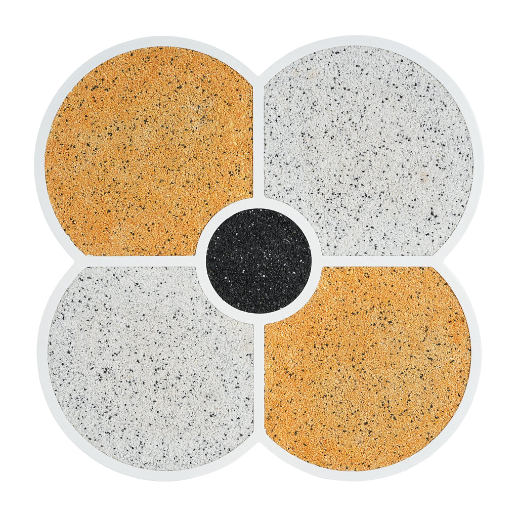Top view of the Unique Four-Leaf Clover Side Table, featuring a terrazzo surface in white, gold, and black segments.