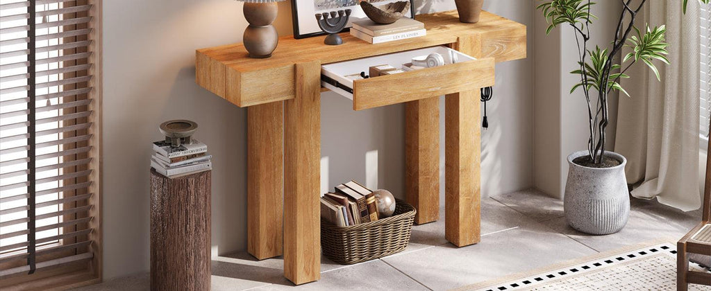 Rustic Wood Console Table with Outlet & Hidden Drawer.