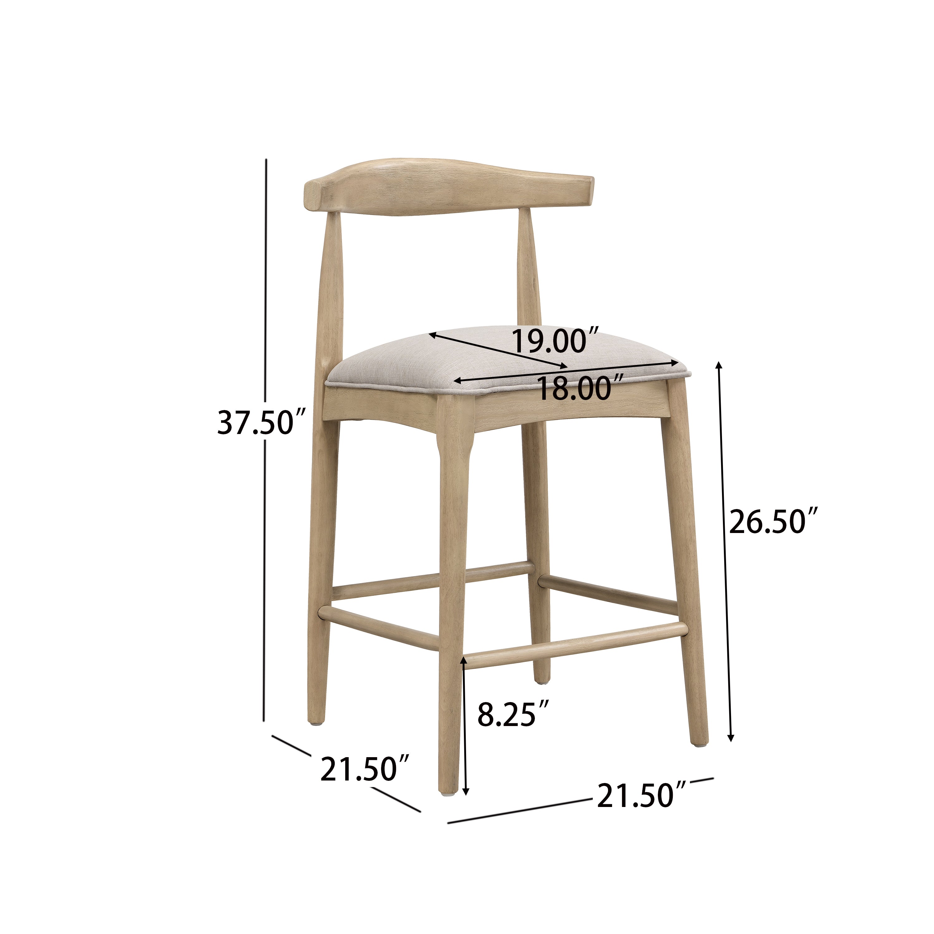 Dimension diagram of modern counter stool with measurements for height, width, and depth, ideal for planning kitchen or bar seating.