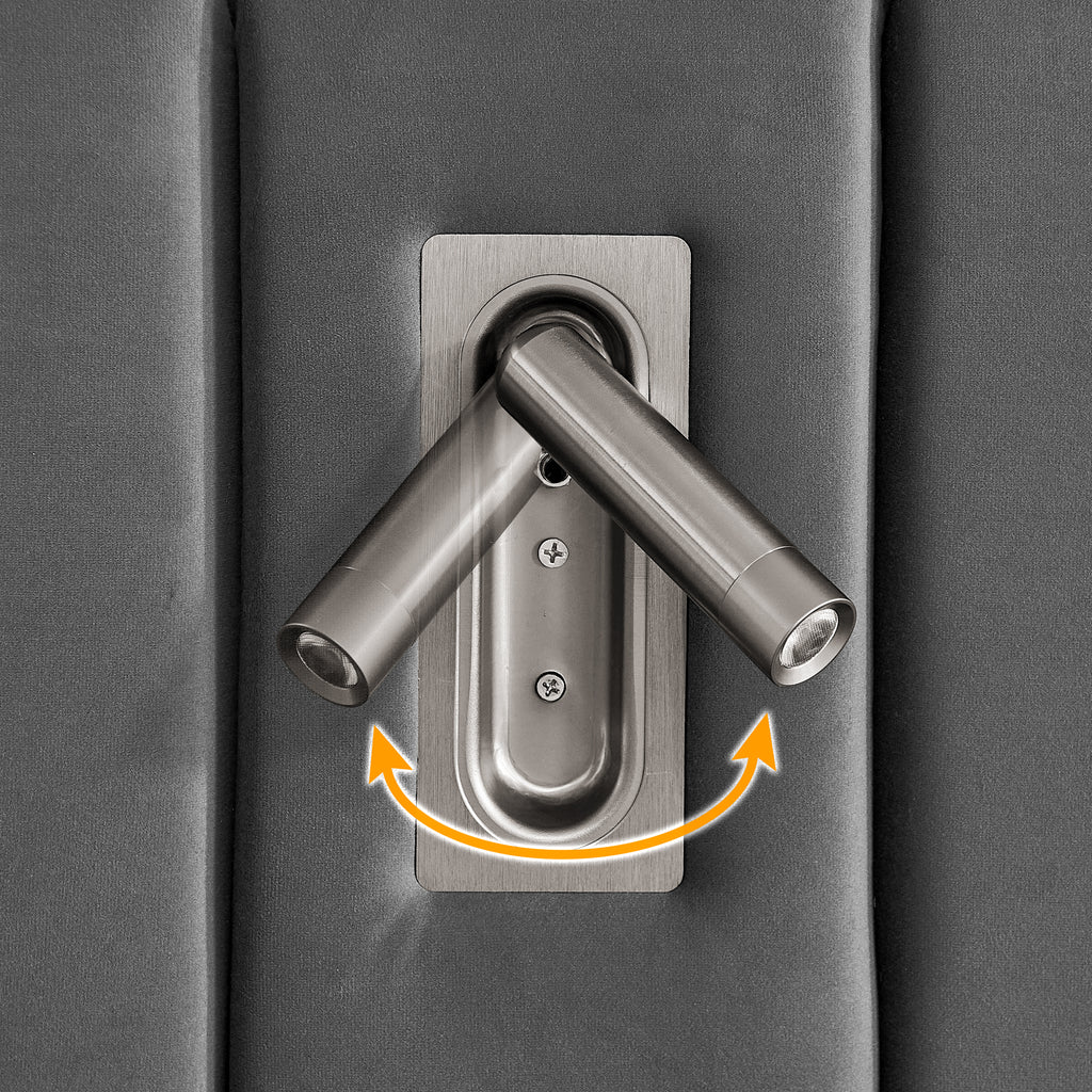 Close-up of adjustable built-in reading light on velvet headboard of upholstered queen bed frame, ideal for nighttime reading.
