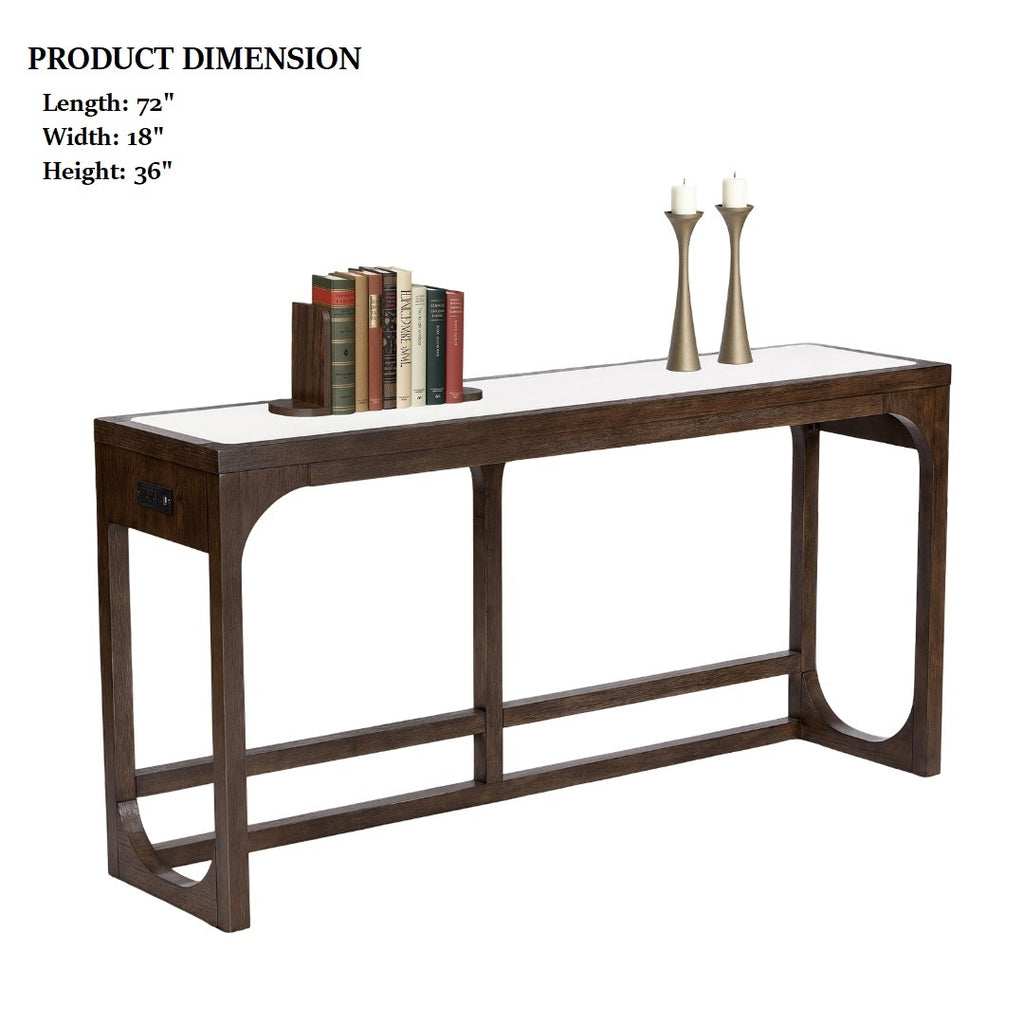 Transitional sofa table with USB port in walnut finish shown with dimensions: 72''L x 18''W x 36''H. Perfect for entryways or behind sofas.