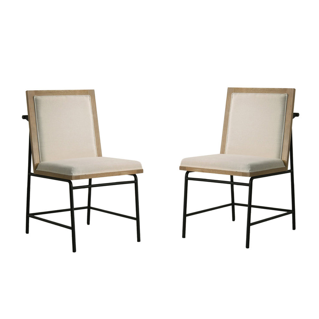 Oak fabric dining chairs set of 2 with upholstered seats and black metal legs, ideal for modern kitchen or dining room furniture.