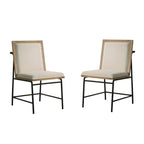 Oak fabric dining chairs set of 2 with upholstered seats and black metal legs, ideal for modern kitchen or dining room furniture.