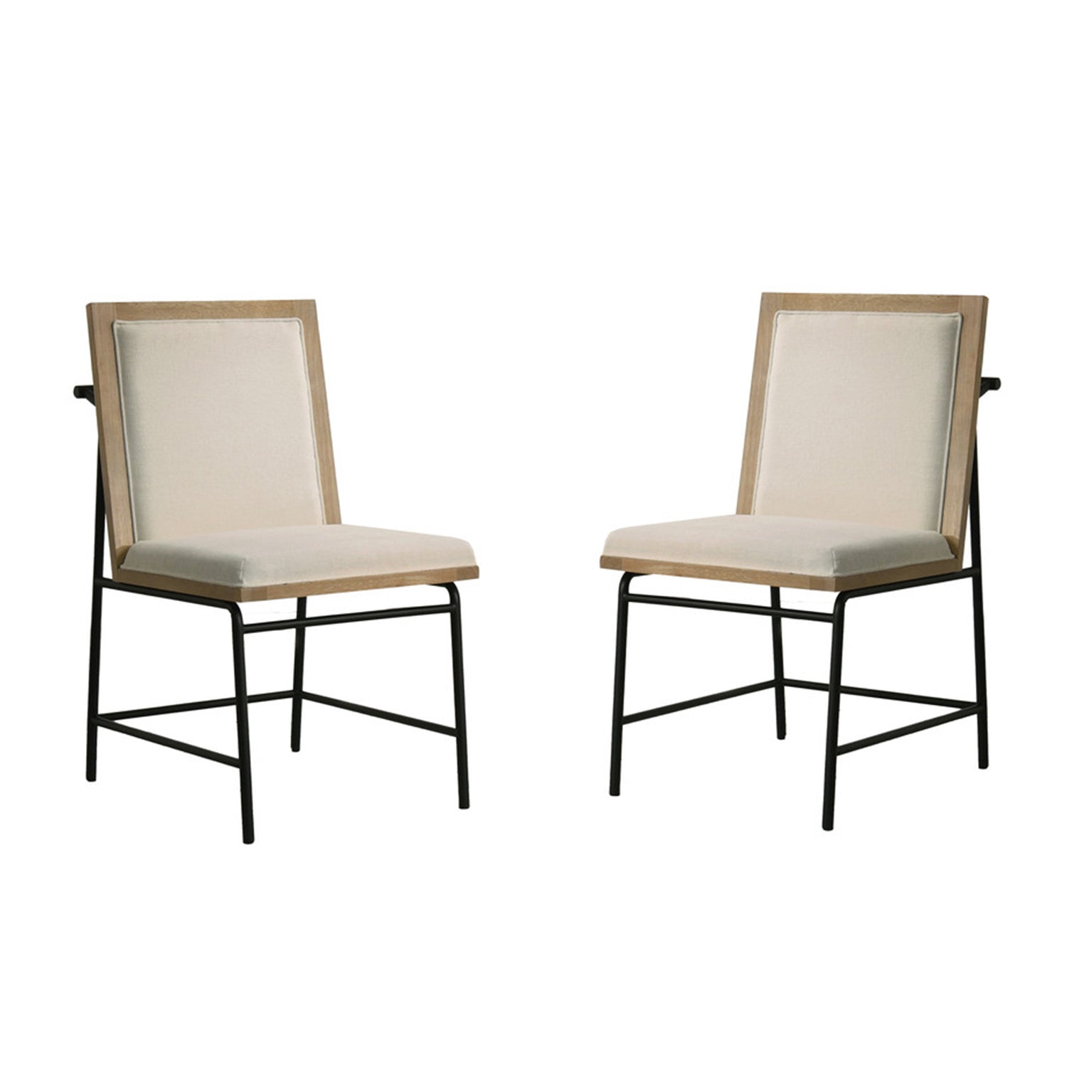 Oak fabric dining chairs set of 2 with upholstered seats and black metal legs, ideal for modern kitchen or dining room furniture.