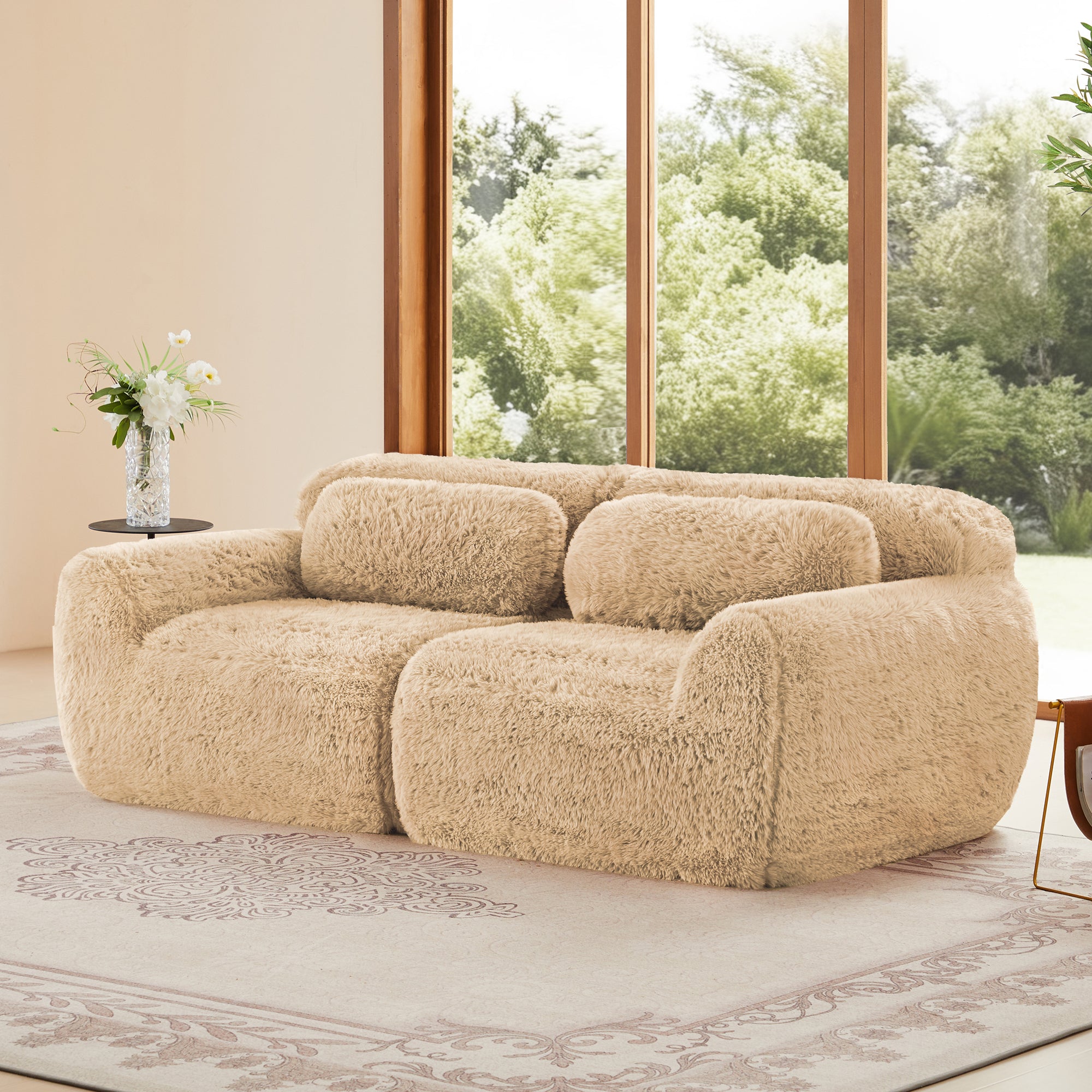 Angled view of plush fabric 2-seater modular sofa with ergonomic design and non-slip bottom for stability and comfort.