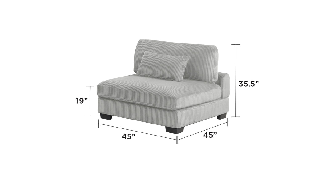 Gray armless chair from Bentley Modular Sectional Sofa with 45x45 inch dimensions, highlighting plush corduroy texture and modern proportions.