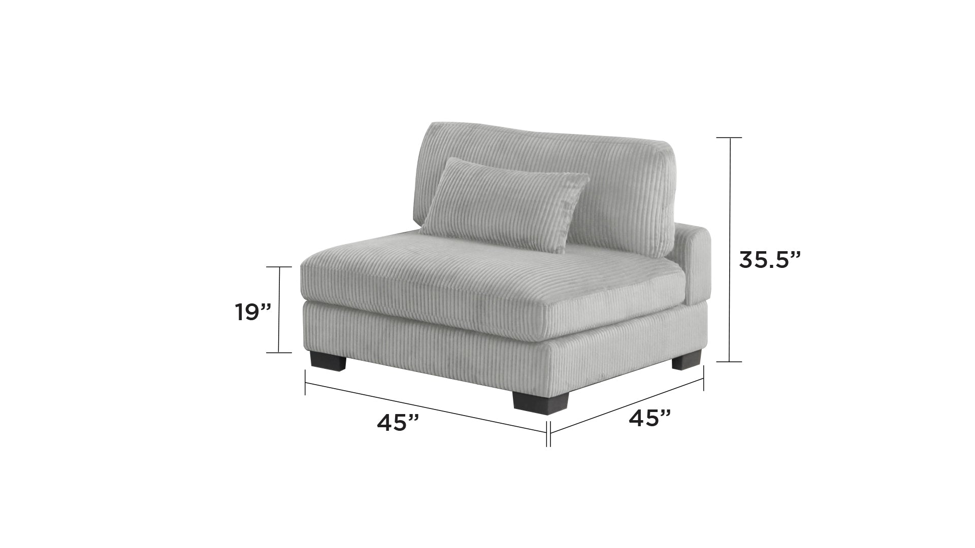 Gray armless chair from Bentley Modular Sectional Sofa with 45x45 inch dimensions, highlighting plush corduroy texture and modern proportions.