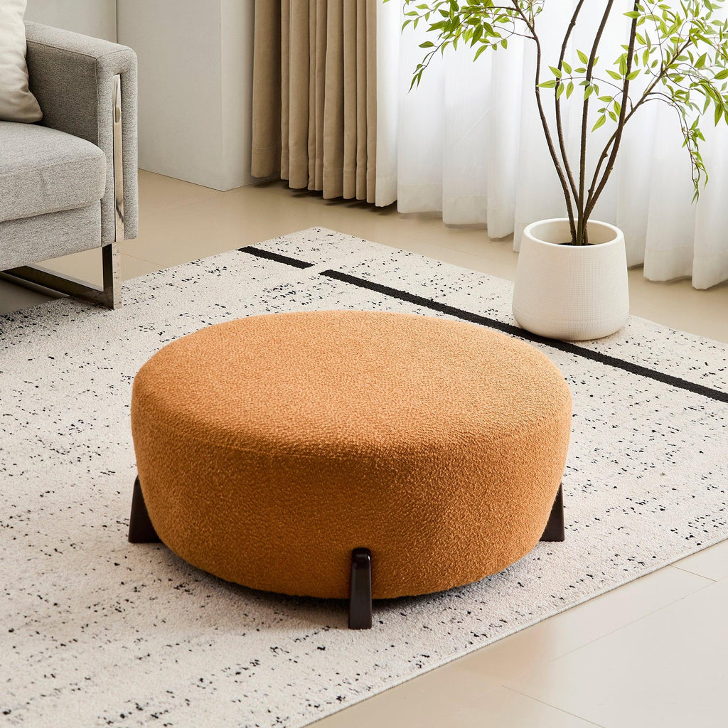 Round Boucle Ottoman with Rubber Wood Legs.