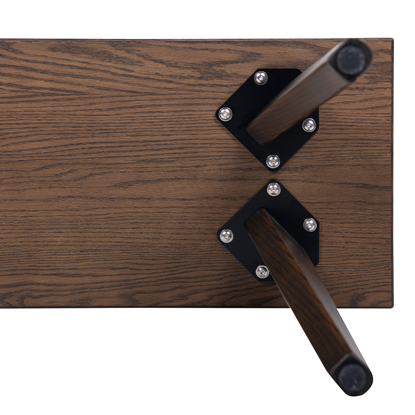 Bottom view of Capri red oak wood bench showing leg brackets and wood texture. Built for strength and modern style.