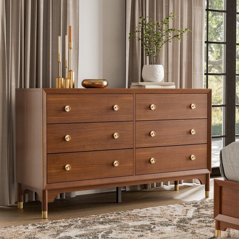 Walnut 6-Drawers Dresser with Gold-Capped Legs.