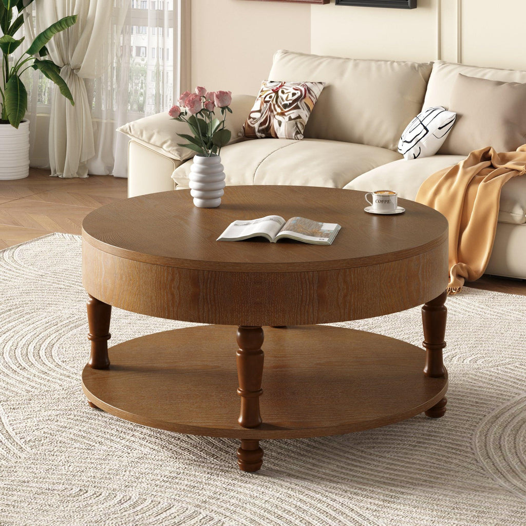 Coffee Table with Dual Storage for Living Room, 31.5' Modern Round Coffee Table with Storage and Hidden Compartment, Adjustable Leveling Feet, Easy Assembly (Walnut).