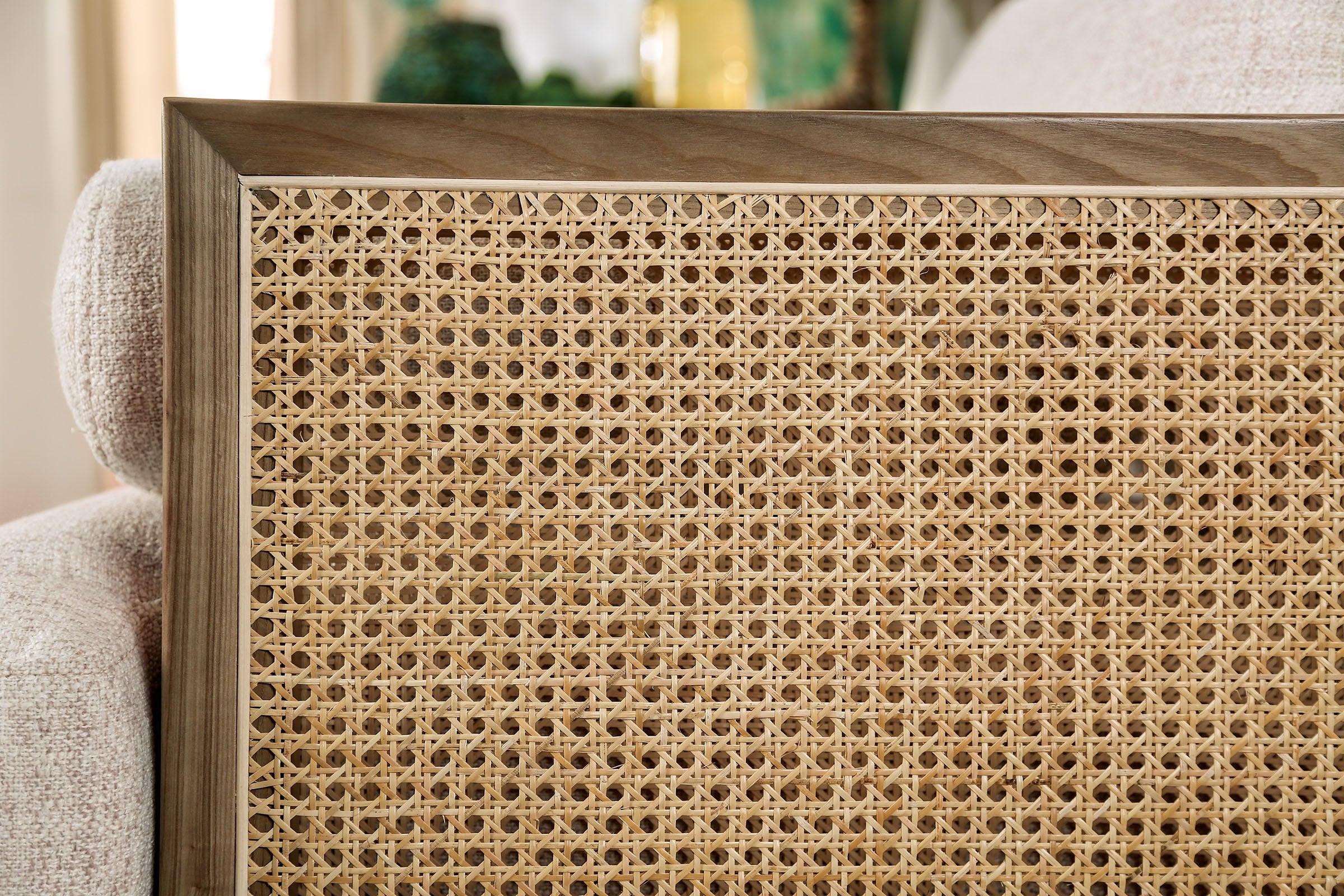 Mid-Century Modern Chair with Beige Fabric and Tapered Legs.