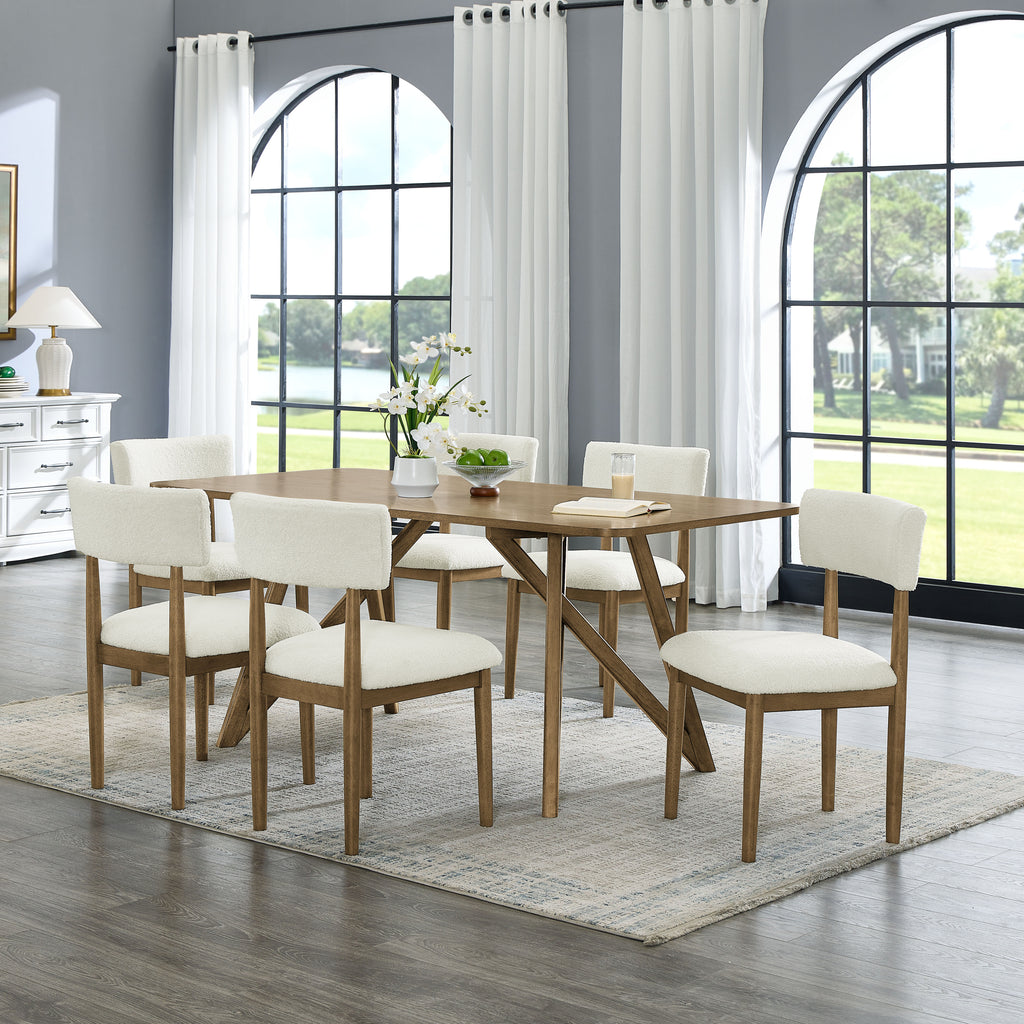 Darla Dining Set - Walnut Oak Set with 70' table and 6 cream upholstered chairs in a modern dining room. Features geometric cross base design.