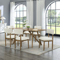 Darla Dining Set - Walnut Oak Set with 70' table and 6 cream upholstered chairs in a modern dining room. Features geometric cross base design.