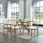 Darla Dining Set - Walnut Oak Set with 70' table and 6 cream upholstered chairs in a modern dining room. Features geometric cross base design.