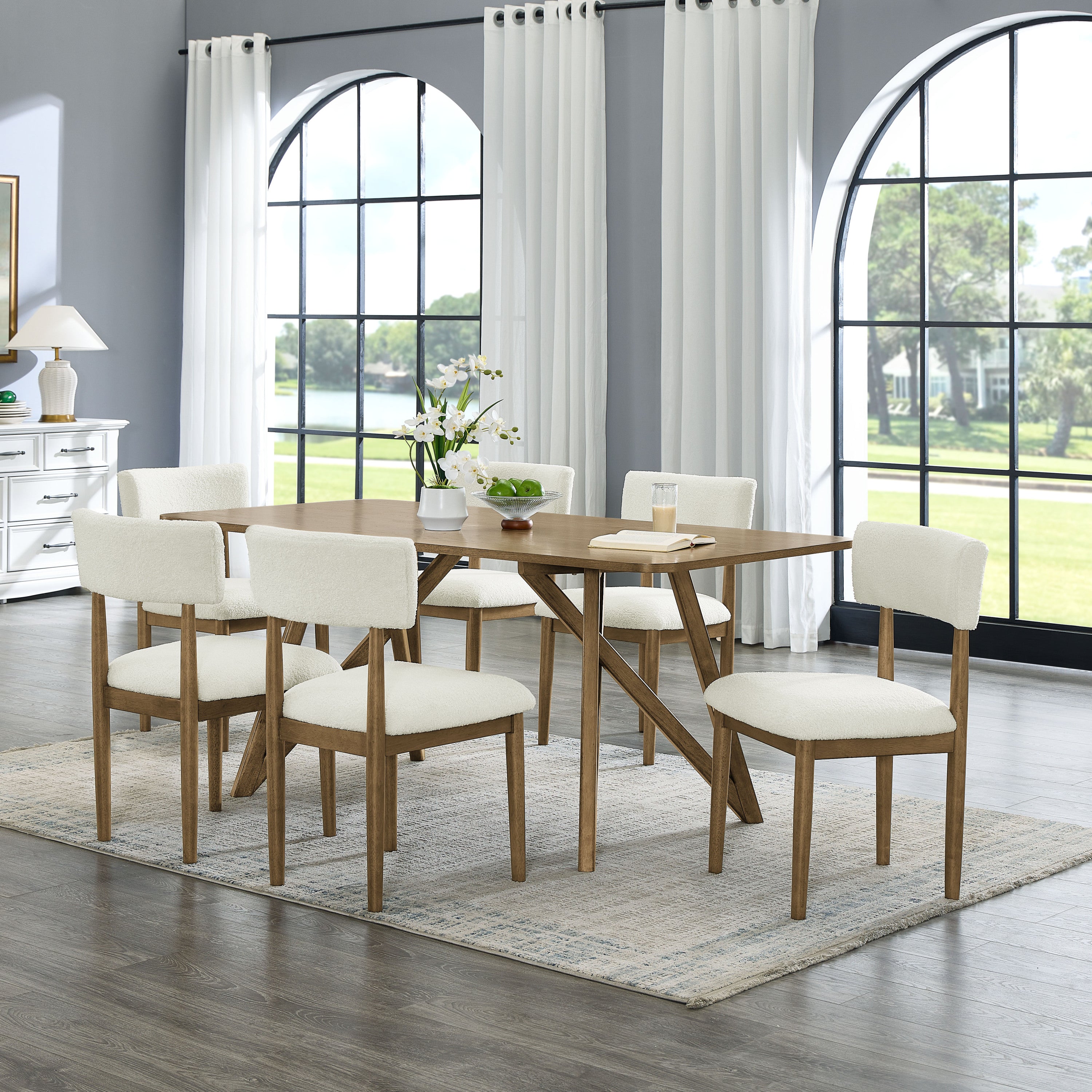 Darla Dining Set - Walnut Oak Set with 70' table and 6 cream upholstered chairs in a modern dining room. Features geometric cross base design.