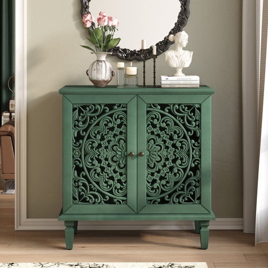 Vintage Hollow-Carved Accent Cabinet, 2-Door Display Storage Sideboard with Symmetrical Floral Design, Adjustable Shelf and Solid Wood Legs for Living Room Entryway(Antique Green)