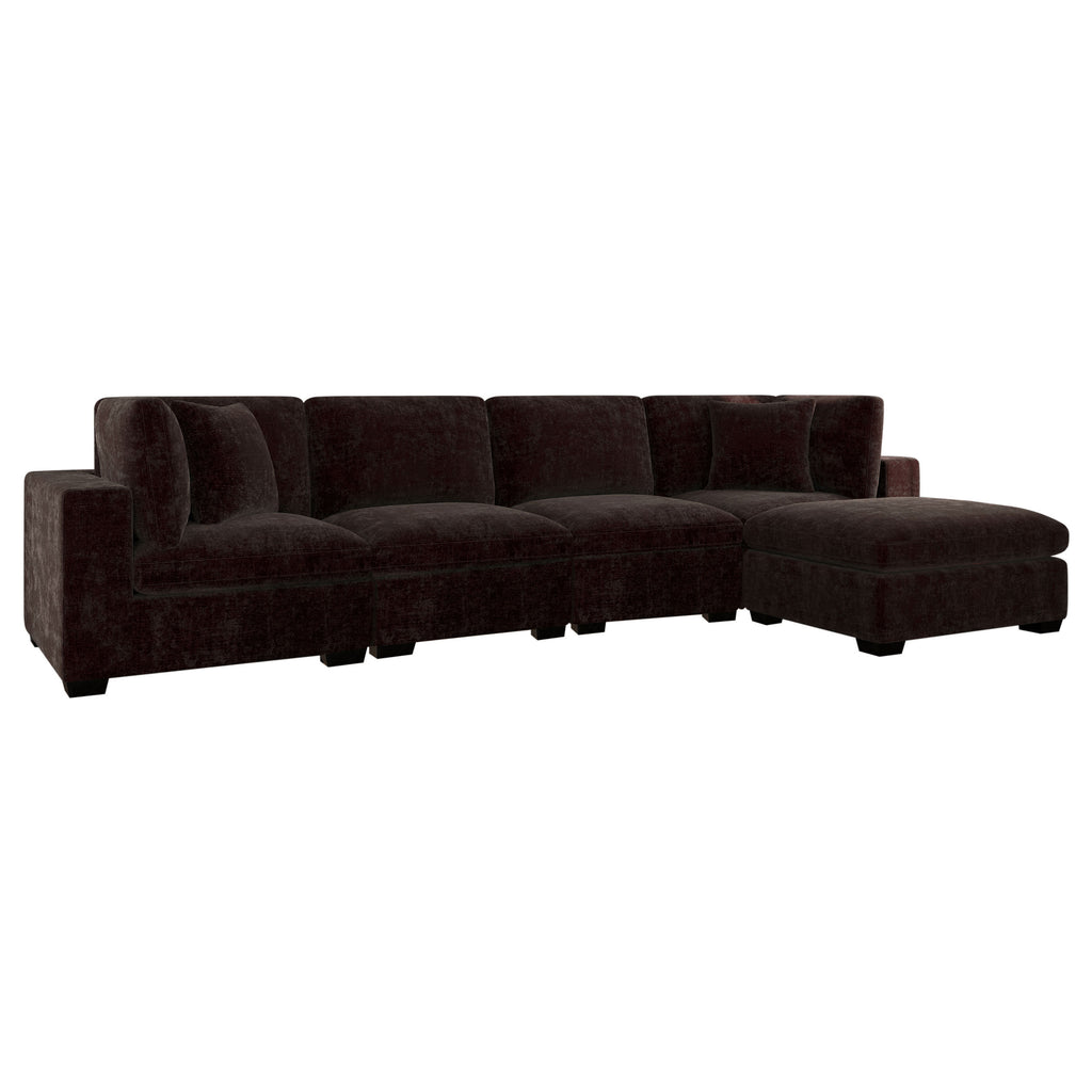 Modern 5-piece modular sectional in dark chocolate upholstery with low-profile black wood feet and square cushions.