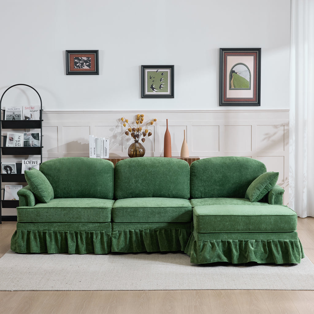 103-Inch Green Chenille Modular Sectional Sofa with Pleated Skirt