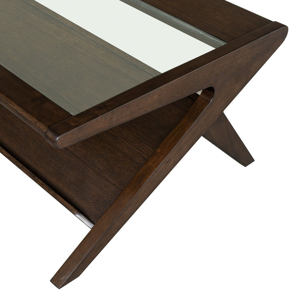 Corner view of Mid-Century Modern Coffee Table in Morocco Brown, highlighting the glass top and sculptural wood frame design.