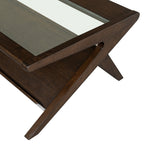 Corner view of Mid-Century Modern Coffee Table in Morocco Brown, highlighting the glass top and sculptural wood frame design.