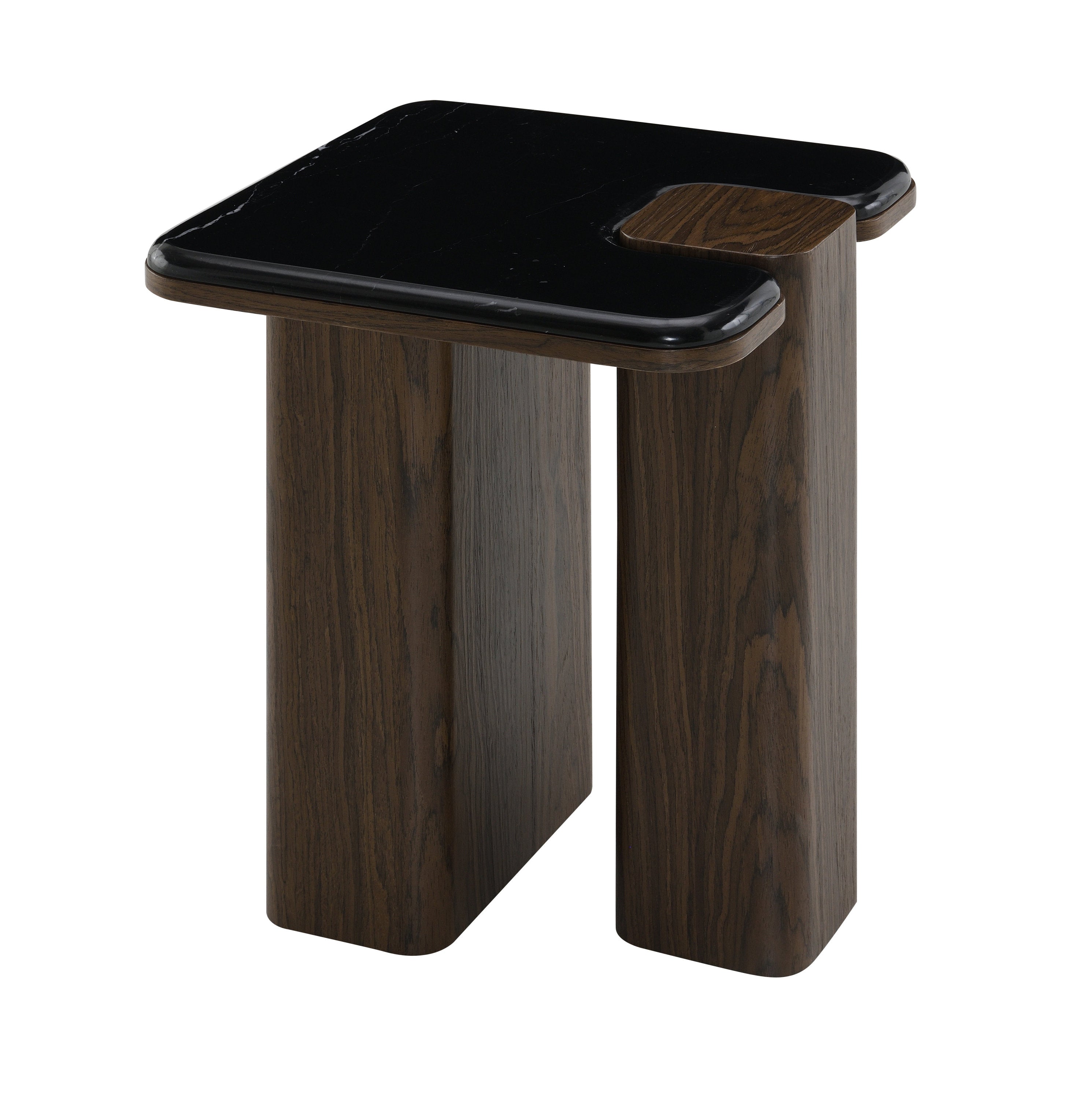 Dana Marble Top End Table with black marble surface and dark walnut base, showcasing a modern square design with rounded edges.