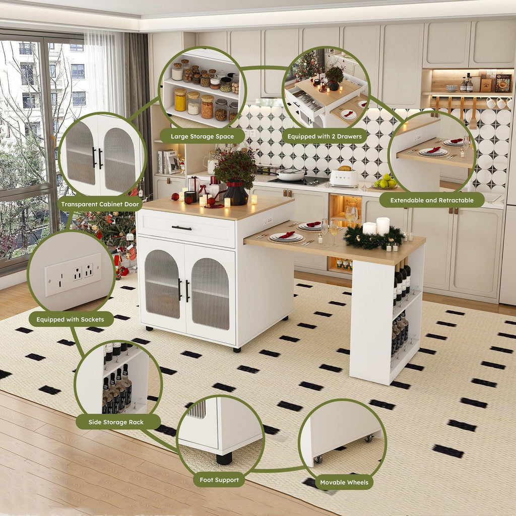 Expandable Kitchen Island with Dining Table & Power Outlet.
