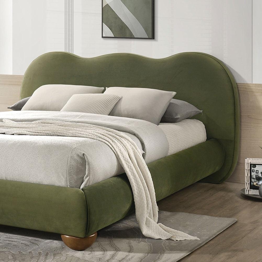 Olive Green Queen Size Bed with Boucle Upholstery.