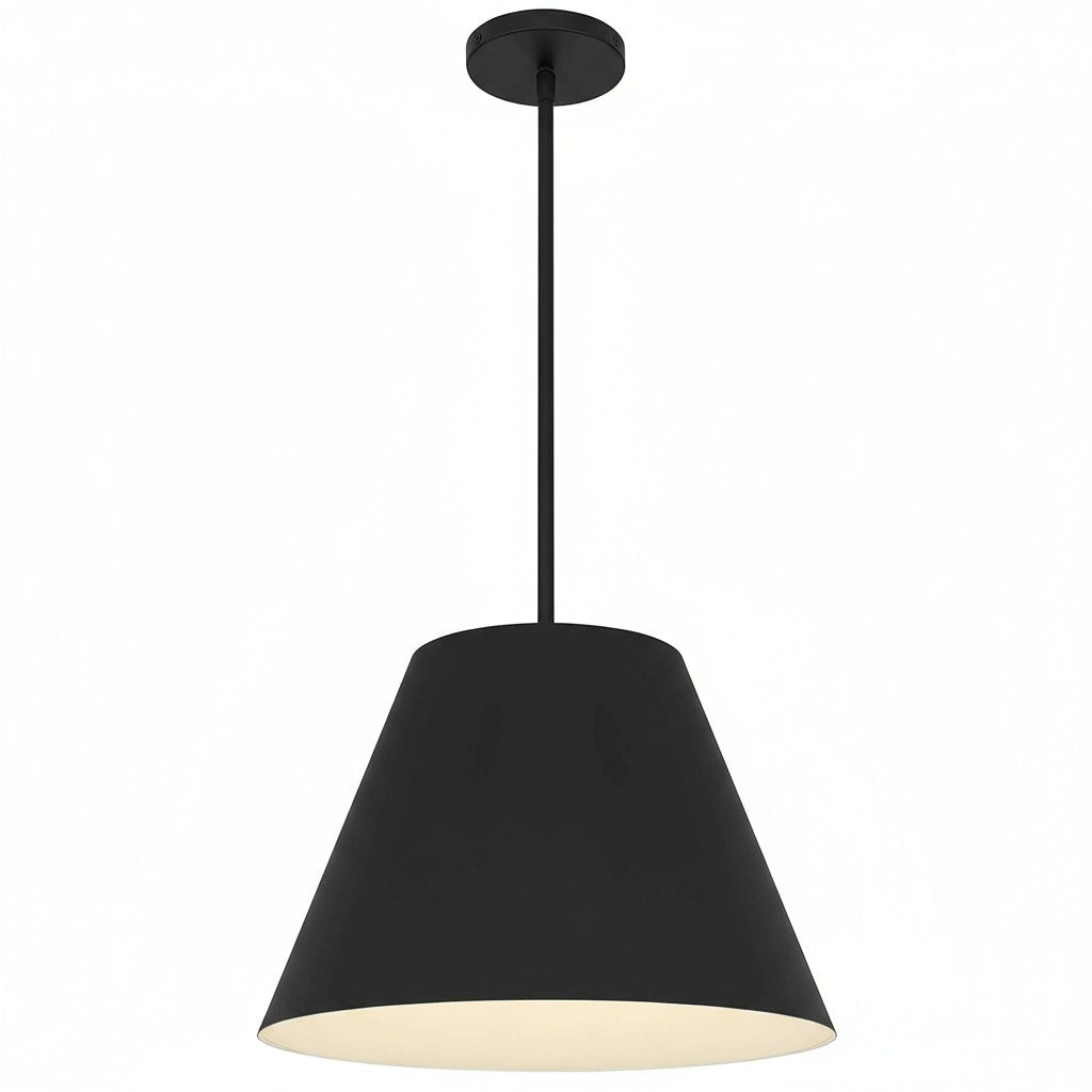 Single 16 inch LED black pendant light with conical shade and ceiling rod. Energy-efficient fixture for kitchens or dining areas.