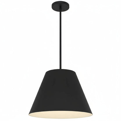 Single 16 inch LED black pendant light with conical shade and ceiling rod. Energy-efficient fixture for kitchens or dining areas.