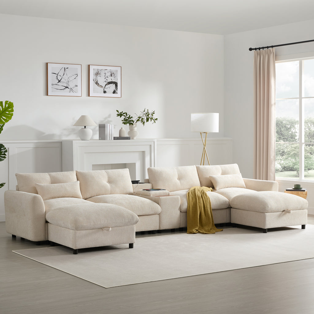 142'' modular sectional sofa with storage ottoman and console in beige, ideal for modern living room comfort and organization.