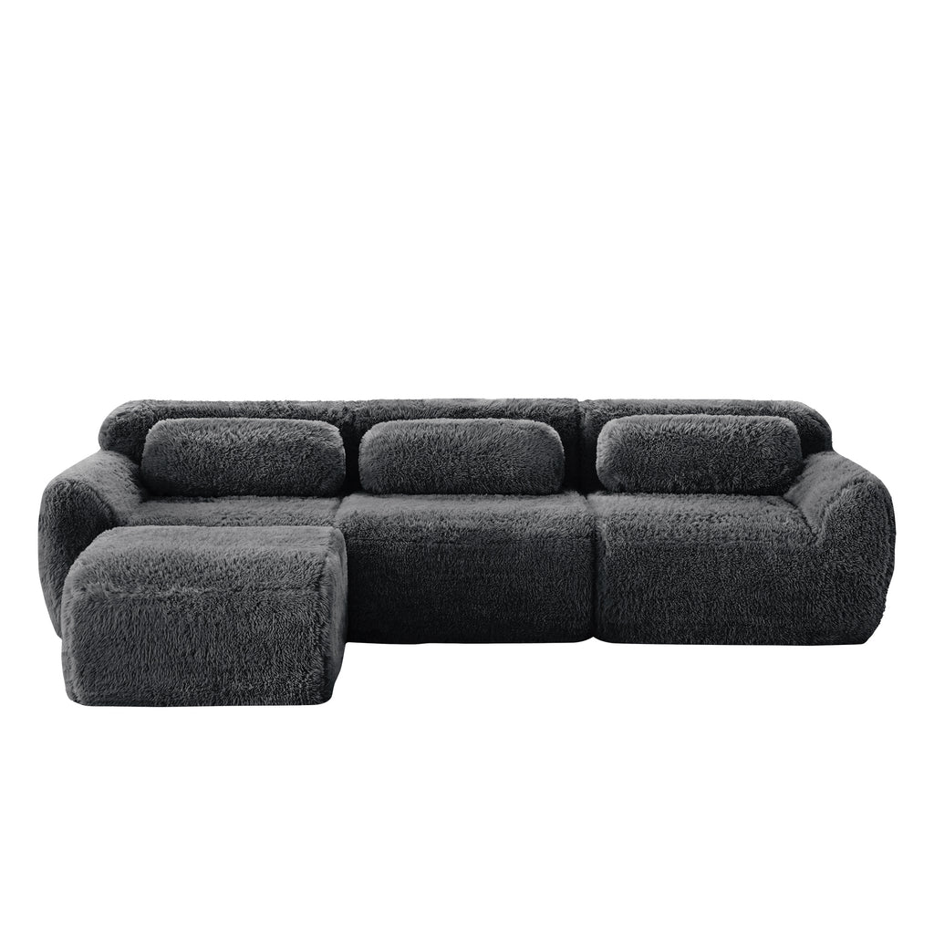 Dark Grey Plush Sofa - L-Shaped, No Assembly | Modular Design featuring a cozy ottoman and soft plush fabric for ultimate comfort.