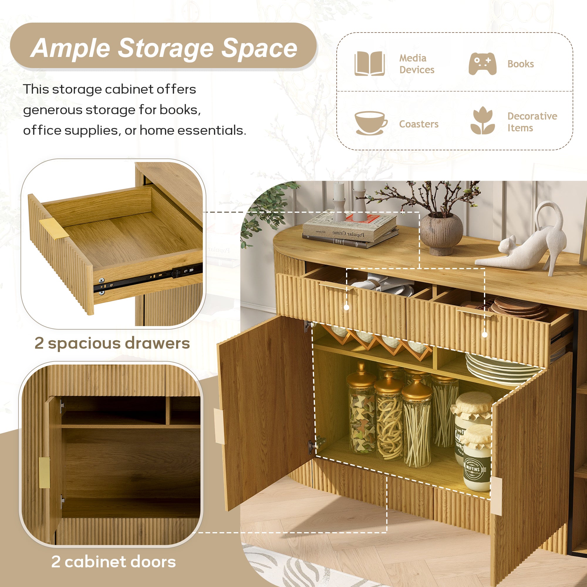 Modern storage cabinet with ample space including two drawers and two doors, ideal for books, media, and decorative items.