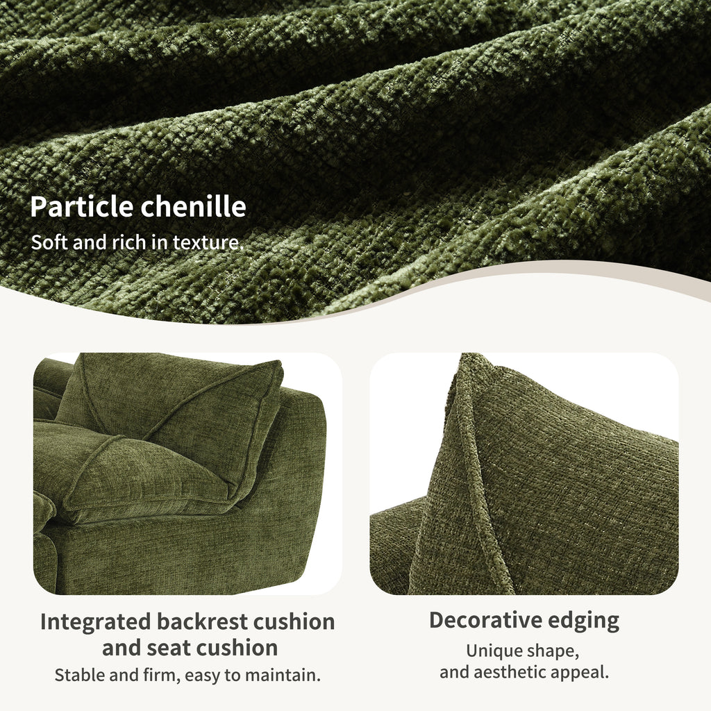 Close-up of green particle chenille fabric on 116'' compressed sofa with high density foam, featuring integrated cushions and decorative edging.