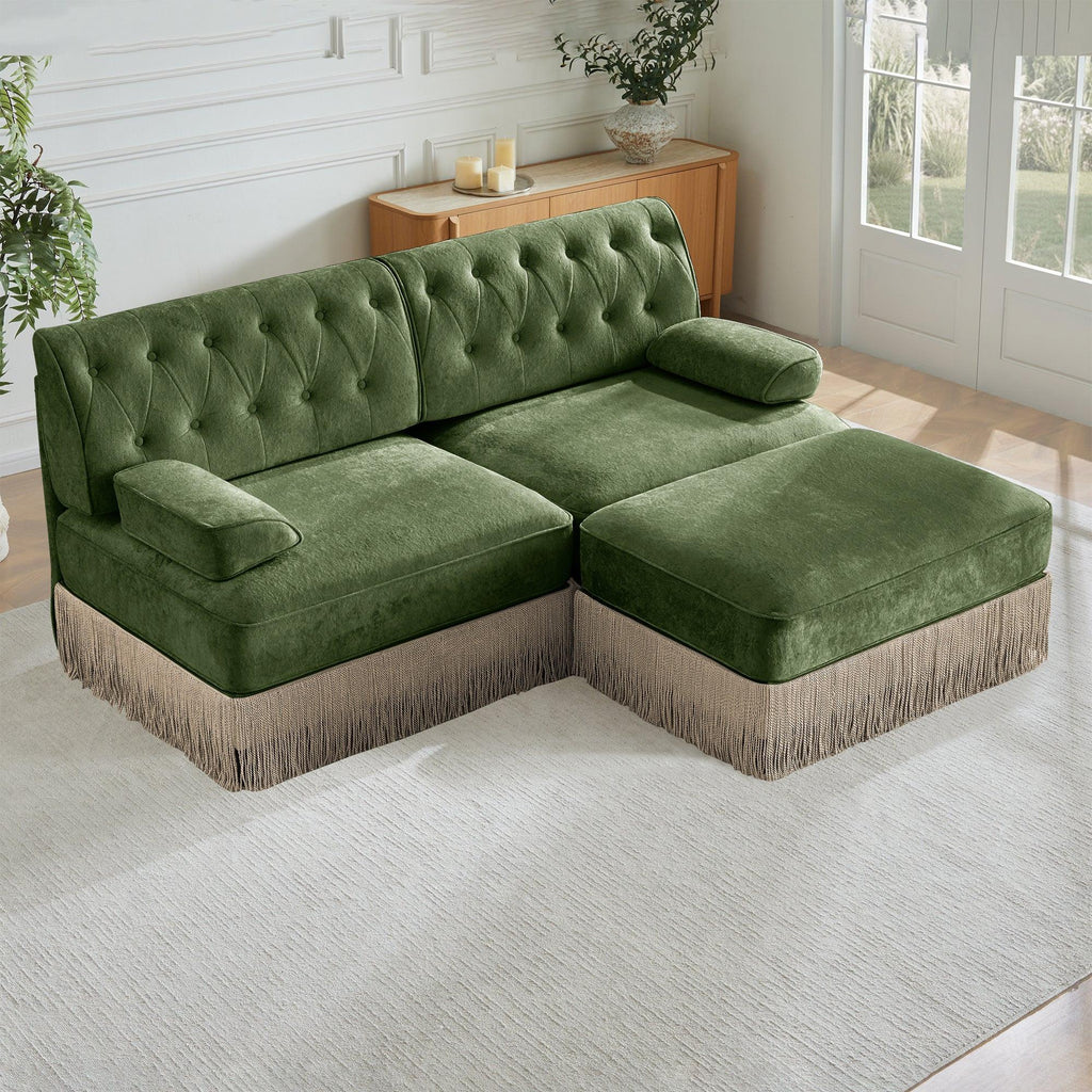 Modular Velvet Sofa in Green with Tassel Skirt.
