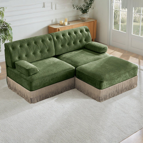 Modular Velvet Sofa in Green with Tassel Skirt.