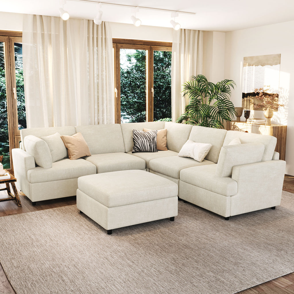 Convertible U-shaped sectional sofa with ottoman in a neutral tone, designed for flexible arrangements in large living spaces.