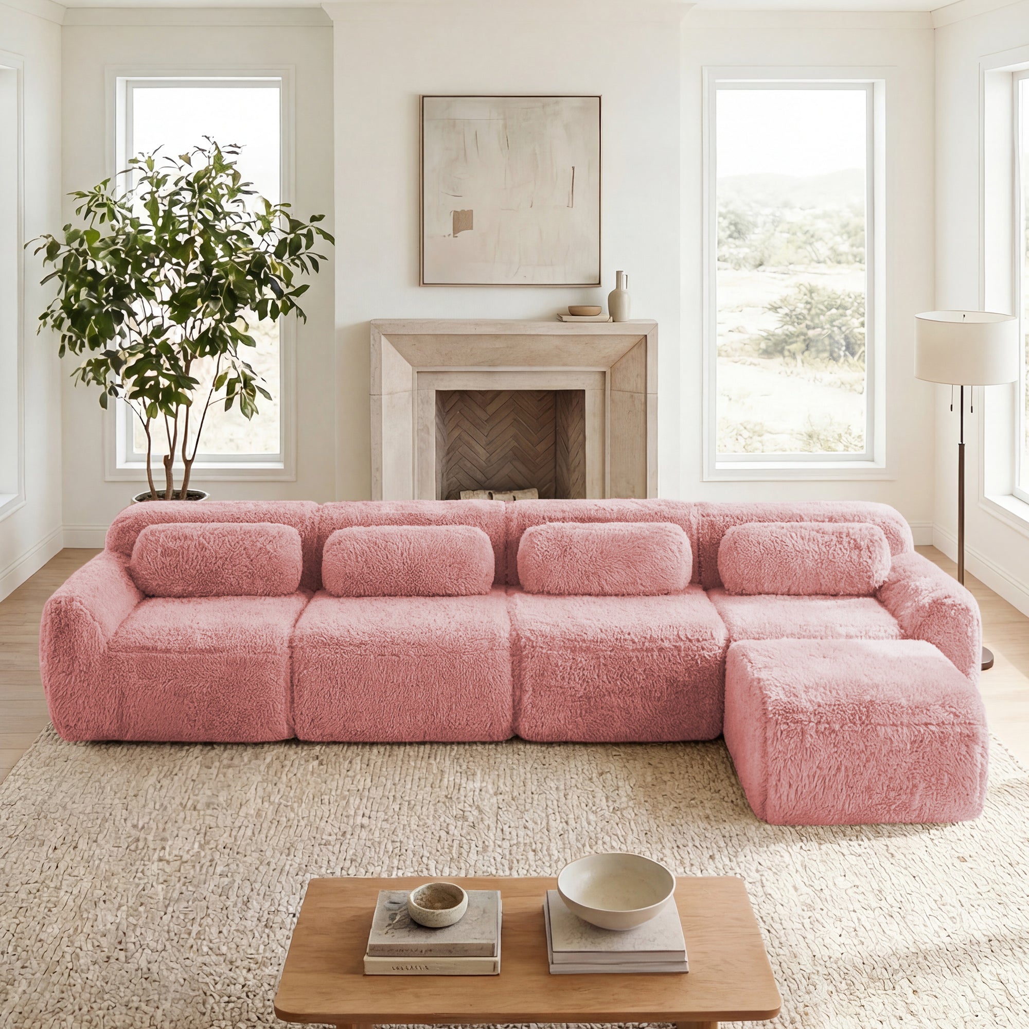 Pink Plush Modular 4-Seater Sectional Sofa with Anti-Slip Base