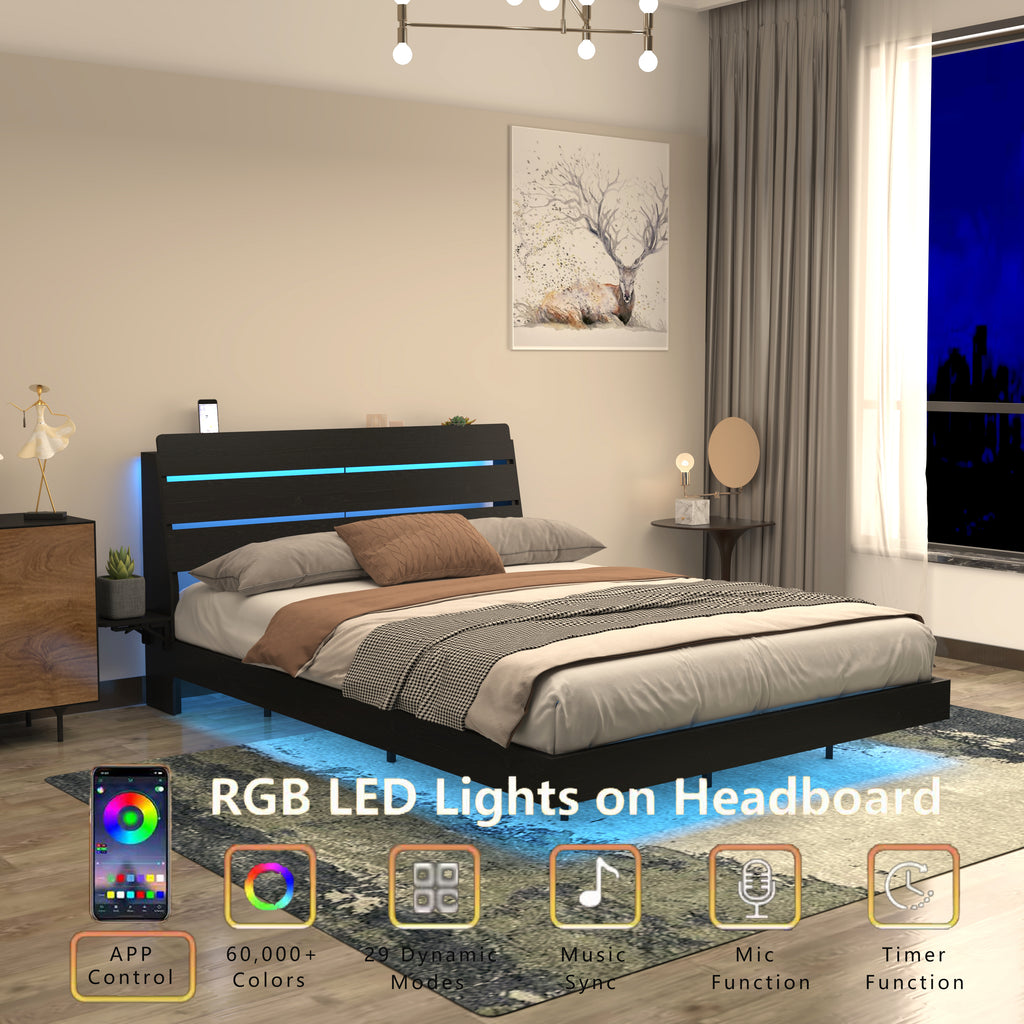 Queen Floating Bed Frame with RGB LED lights on headboard. Includes app control, music sync, and timer function for customizable ambiance.