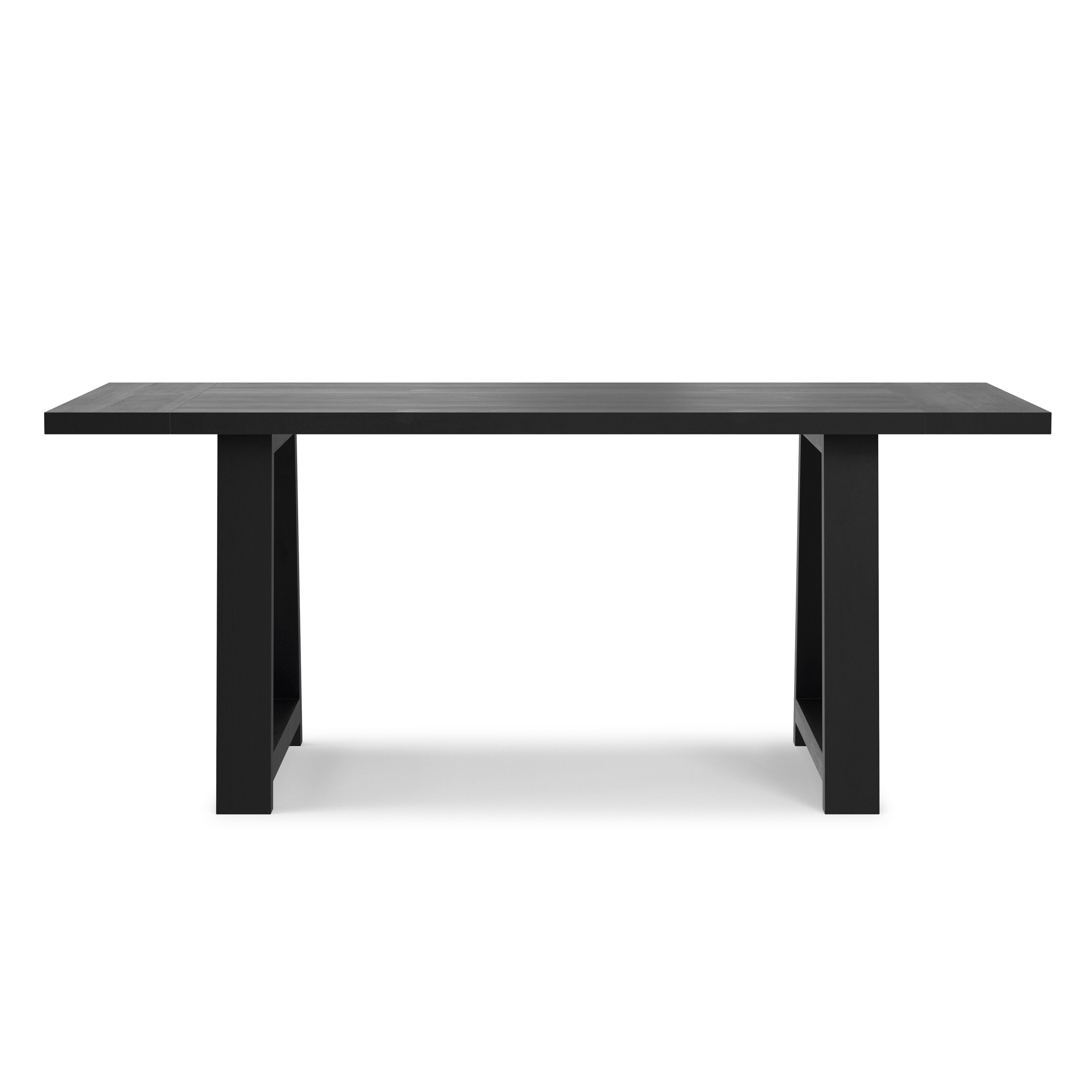 Whitley Black Wooden Dining Table with trestle base shown from front view. Sleek rectangular top and solid black finish.