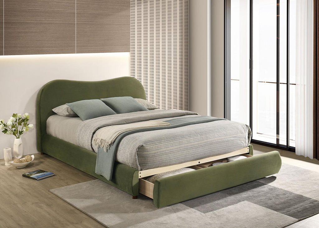 Olive Green Velvet King Bed with Storage.