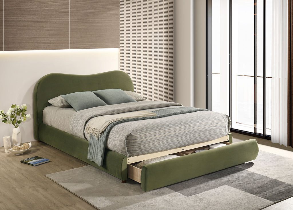 Olive Green Velvet Queen Bed with open storage drawer. Stylish curved headboard and wood frame enhance bedroom functionality.