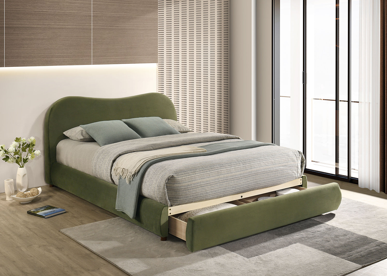 Olive Green Velvet Queen Bed with open storage drawer. Stylish curved headboard and wood frame enhance bedroom functionality.