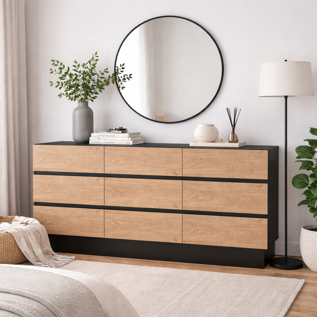 Oak 9-Drawer Wooden Dresser, 63-Inch Wide Media Console Cabinet