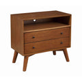 Mid-century modern brown wooden nightstand with two drawers, an open storage compartment, and splayed legs.