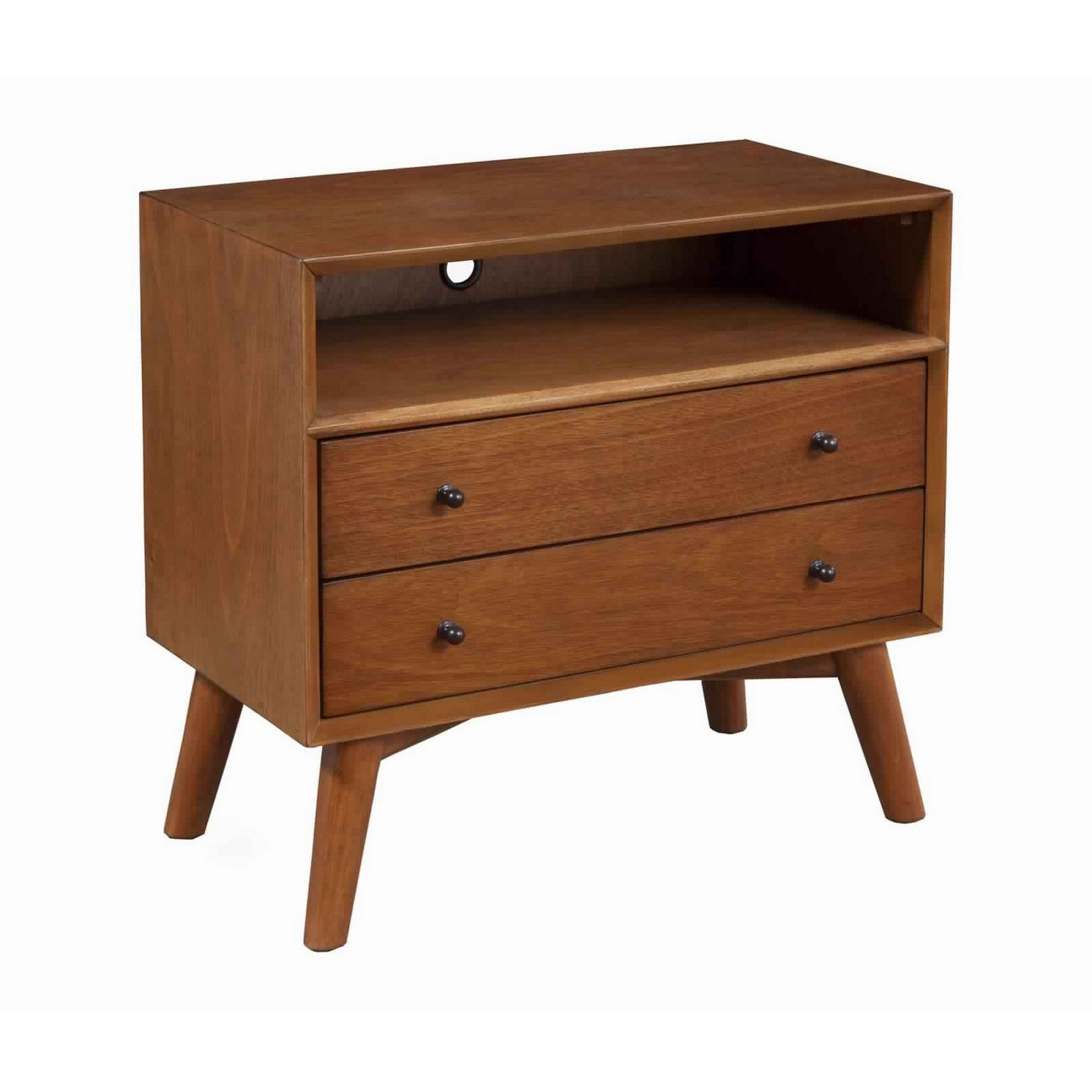 Mid-century modern brown wooden nightstand with two drawers, an open storage compartment, and splayed legs.