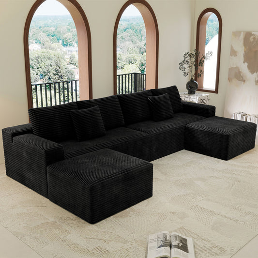137.8*70.9'Modular sectional sofa seat,Upholstered compressed couch for living room,Bedroom,Apartment,No assembly required,4 PC free combination,Plush corduroy fabric,BLACK