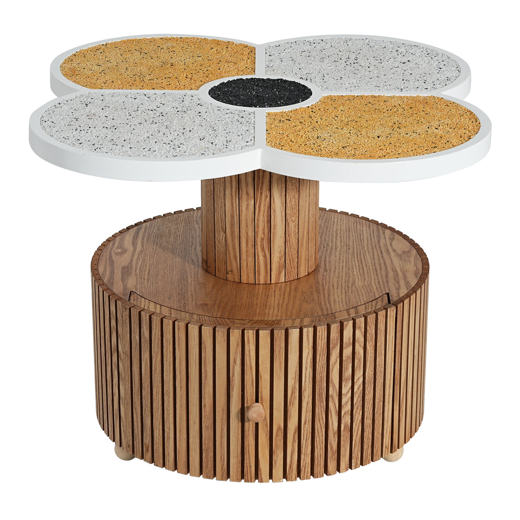 Four-leaf clover accent table with natural wood base and pull-out drawer, ideal for stylish and compact interiors.
