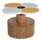 Four-leaf clover accent table with natural wood base and pull-out drawer, ideal for stylish and compact interiors.