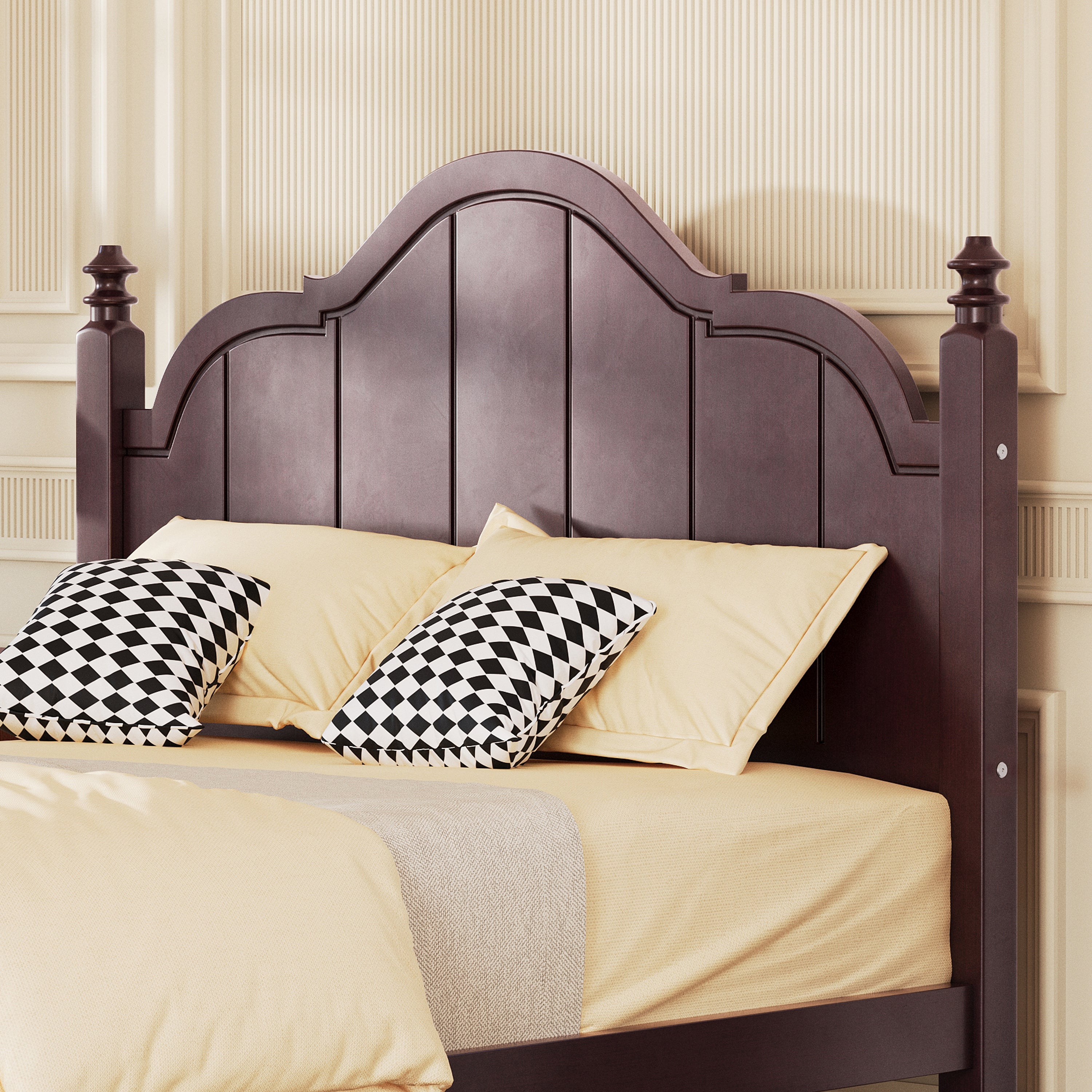Close-up of the headboard on the Full Size Wooden Bed Frame with Headboard - Easy Setup, showcasing its paneled design and rich wood finish.